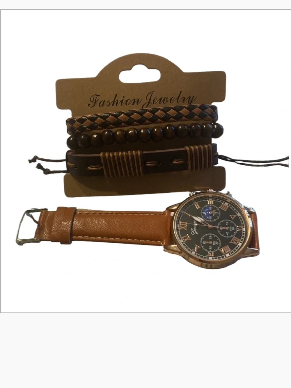 Men Round Pointer Quartz Watch & 3pcs Bracelet beautiful new brown